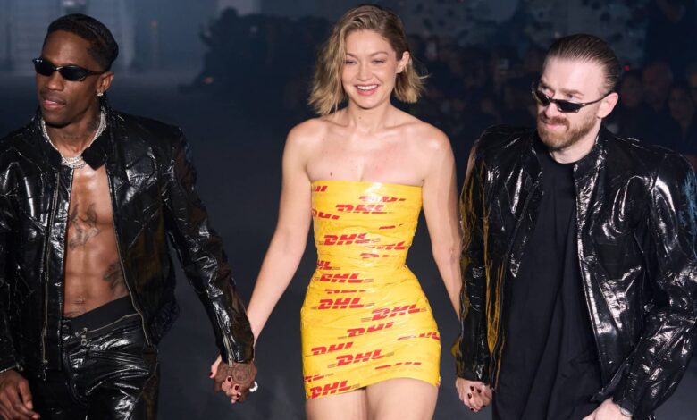 Gigi Hadid Stuns in DHL Tape Dress at Paris Fashion Week