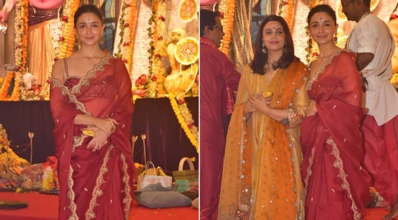 Alia Bhatt stuns in red saree for durga puja celebration