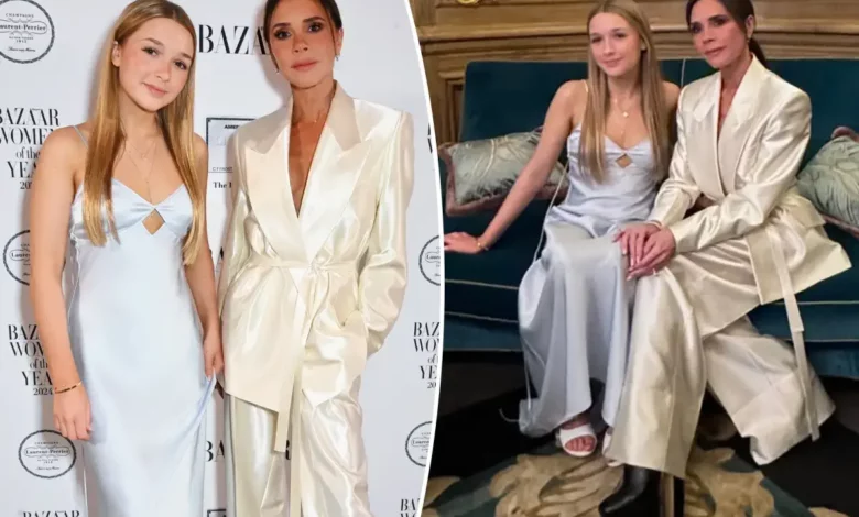 Victoria & Harper Beckham shine in pastels at women of the year awards