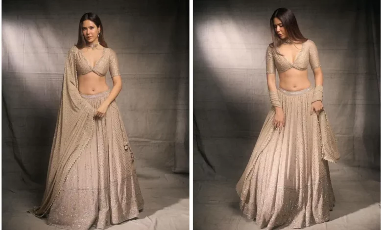 Sonam Bajwa Dazzles in Pastel Lehenga and Classic Black Suit