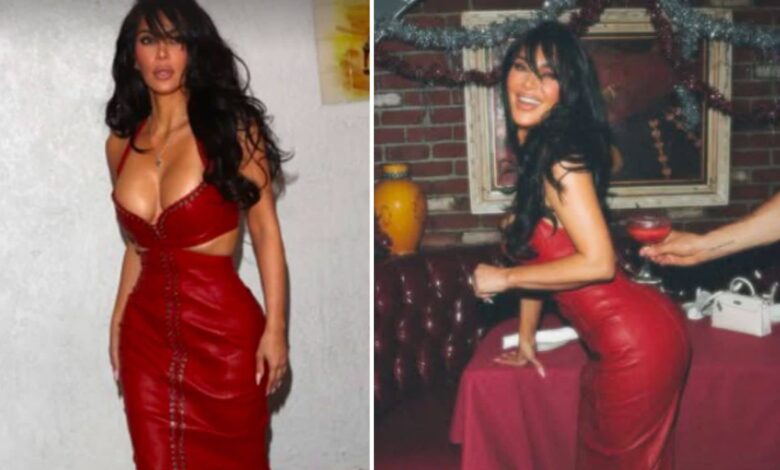 Kim Kardashian shines in red leather dress for Christmas party