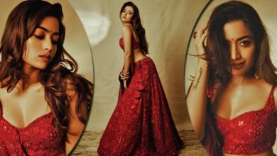 Rashmika Mandanna dazzles in red pre-stitched saree by papa don't preach